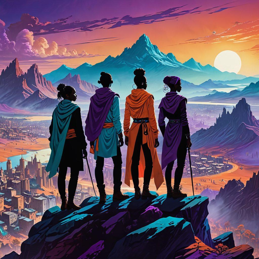 A captivating illustration featuring a diverse group of rebels standing atop a mountain, overlooking a sprawling city engulfed in vibrant colors, symbolizing autonomy and counterculture. The figures are adorned in eclectic outfits, each representing a unique facet of rebellion, with symbols of freedom and resistance woven into the landscape. Ethereal light and dynamic shadows create a sense of depth and mystery, highlighting the journey of seeking personal freedom. surrealism. vivid colors. dramatic lighting.