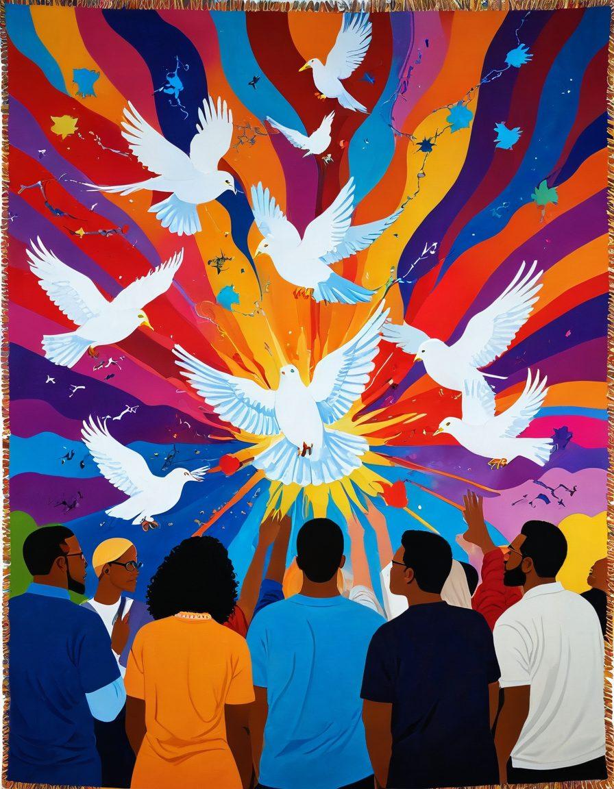 A vibrant, interwoven tapestry depicting diverse individuals passionately discussing ideas of libertarianism and social justice in a decentralized world. Include visual elements like speech bubbles, chains breaking apart, and symbolic representations of freedom such as doves and open books. Capture the essence of unity and empowerment among varied cultural backgrounds. Include a bright skyline with hints of technology in the background. super-realistic. vibrant colors. 3D.